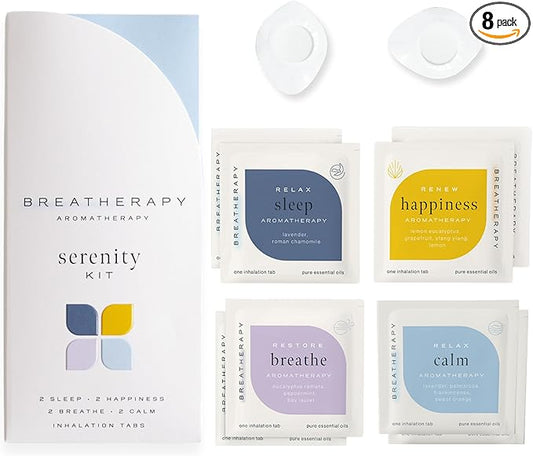 Serenity Kit | Pure Essential Oil Aromatherapy Inhalation Tabs | Calm, Happiness, Breathe and Sleep Patches | 8-Pack