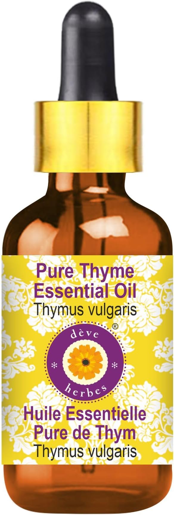dève herbes Thyme Essential Oil (Thymus vulgaris) with Glass Dropper | Pure | Non-Sticky | Non-Greasy | Lightweight | Men & Women | All Skin Types | Steam Distilled 15ml (0.5 oz)