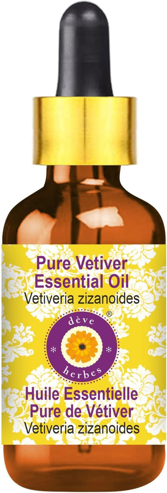 Deve Herbes Pure Vetiver Essential Oil (Vetiveria zizanoides) with Glass Dropper Steam Distilled 30ml (1 oz)