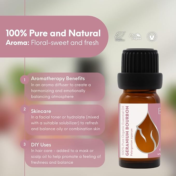 Essences Bulgaria Geranium Bourbon Essential Oil 10ml (0.34 Fl Oz) | Pelargonium asperum | 100% Pure, Natural, Undiluted | Aromatherapy, Cosmetics | Non-GMO, Cruelty-Free