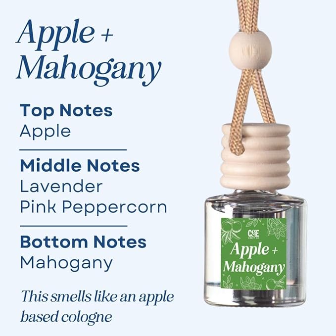C&E Craft Co Hanging Car Air Freshener Diffuser 2 Pack, Long Lasting Fragrance Oil Car Freshener, Glass Bottle Auto Air Freshener, Made in USA (Apple + Mahogany)