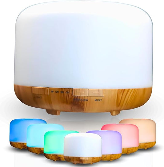 Mystic Romance Essential Oil Diffuser, 500ml Aromatherapy Humidifer and Nigth Ligth for Relaxing Atmosphere in Home Office Yoga and Spa, for Everyone, Auto-Off Safety Switch. Light Wood