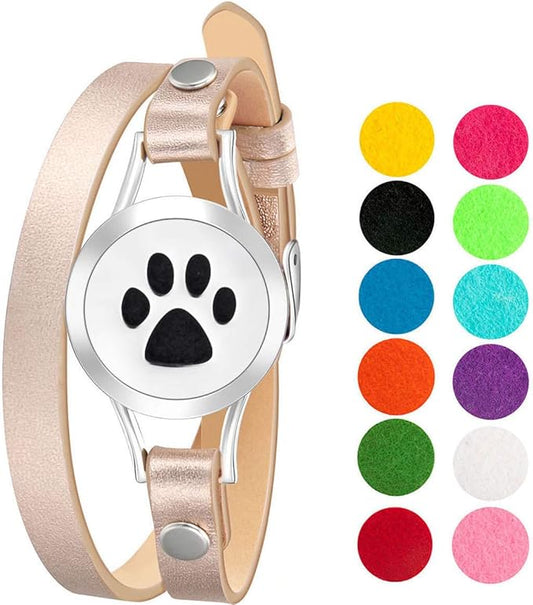 Wild Essentials Dog Paw Essential Oil Bracelet Diffuser, Leather Wrap Band, Stainless Steel Locket Pendant, 12 Color Refill Pads, Customizable Color Changing Perfume Jewelry for Aromatherapy