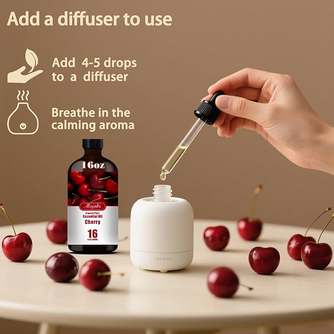 Cherry Essential Oil – MLYNKL Cherry Oils 16.33 fl oz for Diffusers, Humidifiers, Massage, DIY Candles, Soap, Cleaning, Home, Yoga, Office, Gifts - 490 ml