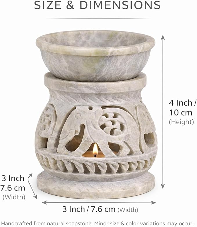 Marble Soapstone Candle Aroma Burner | Oil Diffuser | Tea Light Holder | Wax Burner- Handmade Elephant Carving for Gifting. Decorative Home and Office Decor.