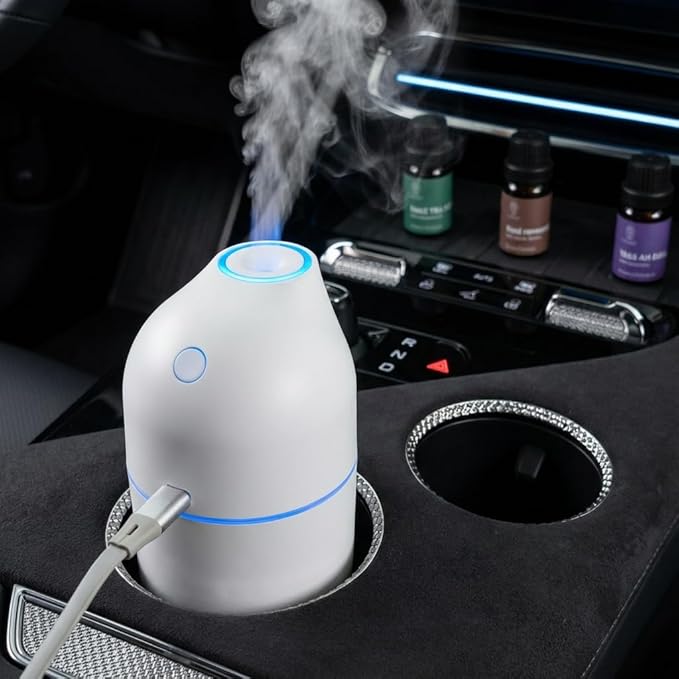 HumminGuru Ultrasonic Essential Oil Diffuser & Humidifier - 90ml USB-C Aromatherapy Device for Car, Home, Office with 3 Essential Oils (Lavender, Peppermint, Cedar) - 20-Min Auto Shutoff, White