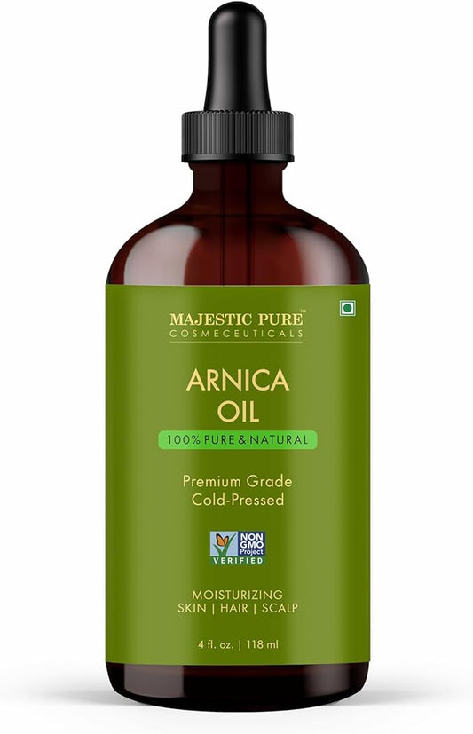 Majestic Pure Arnica Oil 4oz (118ml) Premium Carrier Oil with Dropper for Hair Care, Hair Oiling, Scalp Massage, & Skin Care