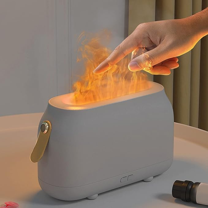 180ml Flame Humidifier, Humidifier with Flame Light, USB Powered Mist Diffuser with Realistic Flame Effect and Dual Mode Rainbow Lighting for Bedroom Office Car, White