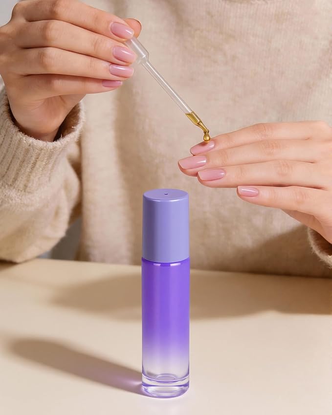Worldgsb 25 Pack Essential Oil Roller Bottles, 10ml Refillable Glass Roller Bottles with Stainless Steel Roller Balls and Caps for Travel, Perfume and Lip Gloss Purple Gradient