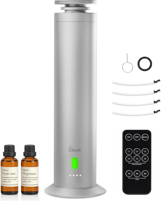 Hotel Collection Diffuser Machine,1500 Sq Ft,USB Plug-in & Rechargeable,Remote,Whisper-Quiet,Aluminum,Waterless Essential Oil Diffuser- Matte Silver
