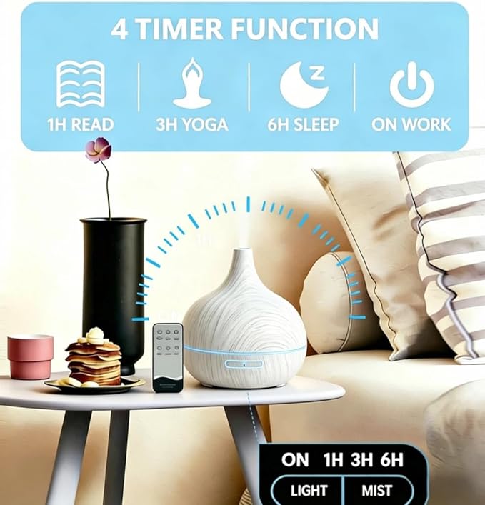 550ml Essential Oil Diffusers with Remote Control, Ultrasonic Oil Diffuser with Timer，7 Color LED Night Light and Waterless Auto-Off Functions for Home, Spa