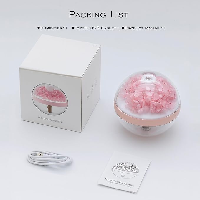 Preserved Flower Portable Humidifier,270ml Capacity,Rechargeable Essential Oil Diffuser with Night Light and Waterless Auto Shut-Off,for Office Room Bedroom Livingroom (Pink Hydrangea)