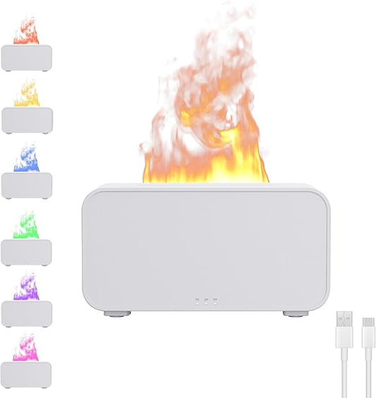 Mini Humidifier with LED Flame, Multiple Color Modes, 120 ml, Essential Oil Humidifier with Timer Adjustment and Waterless Auto Shut-Off for Home, Bedroom and Office(White)
