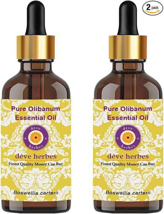 dève herbes Olibanum Essential Oil (Boswellia carterii) with Glass Dropper | Pure | Non-Sticky | Non-Greasy | Lightweight | Men & Women | All Skin Types | Steam Distilled 100ml X 2 (6.76 oz)