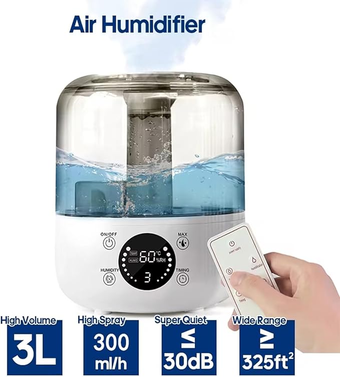 Ultrasonic Cool Mist Humidifier with Remote Control, 3L Capacity, Adjustable Mist, Safety Auto-Off Timer, 360° Double Nozzle, Mini Essential Oil Diffuser for Bedroom(White)