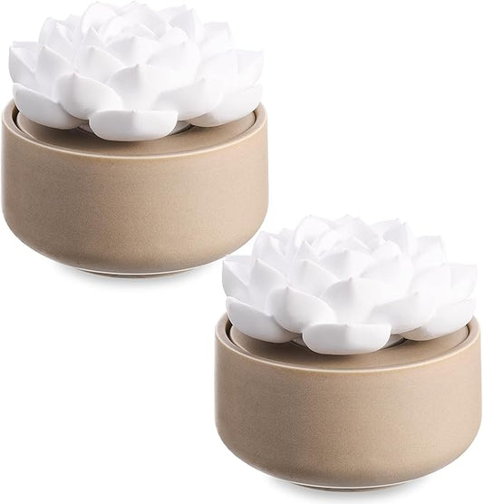 Honeydak 2 Pcs Reedless Ceramic Diffuser Set, Porcelain White Flower Aromatherapy Essential Oil Diffuser for Home Office Bathroom Tabletop Decor, Non-Electric, Valentines Day Gift (Succulent)