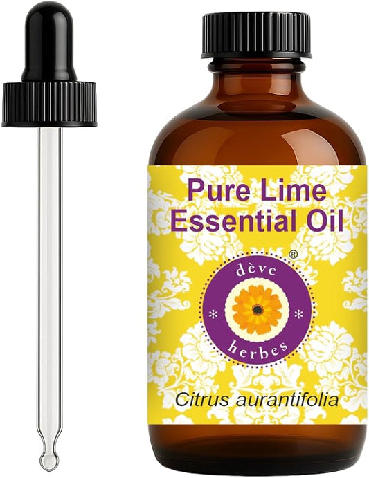 dève herbes Lime Essential Oil (Citrus aurantifolia) with Glass Dropper | Pure | Non-Sticky | Non-Greasy | Lightweight | Men & Women | All Skin Types | Steam Distilled 120ml (4 oz)