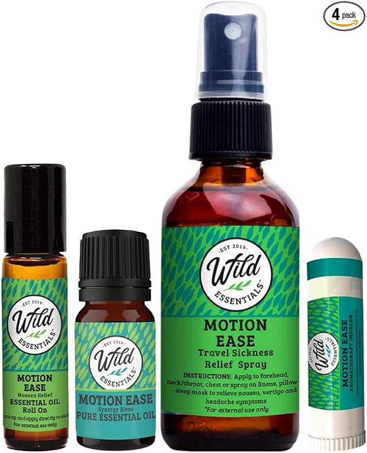 Motion Ease Nasal Inhaler, Roll On, Spray and Essential Oil, 4 Piece Set, Relief for Motion Sickness, Sea Sickness, Car Sickness, Nausea and Vomiting, Dizziness