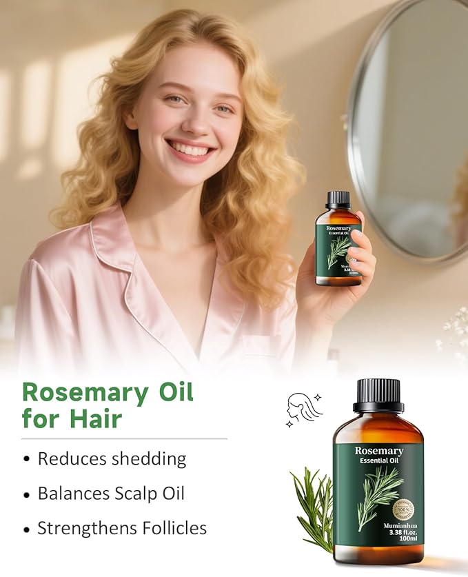 Rosemary Essential Oil, Mumianhua Pure Rosemary Oil Steam-Distilled for Scalp Revitalization & Hair Strength, Natural Focus for Diffuser & DIY, Skin 3.38 Fl Oz