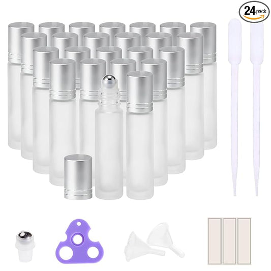 PrettyCare 24 Pack, 10 ml Essential Oil Roller Bottles with Stainless Steel Roller Ball - Refillable Leak-proof Empty Thick Frosted Glass Roll on Bottles with Silver Caps for Travel, Perfume