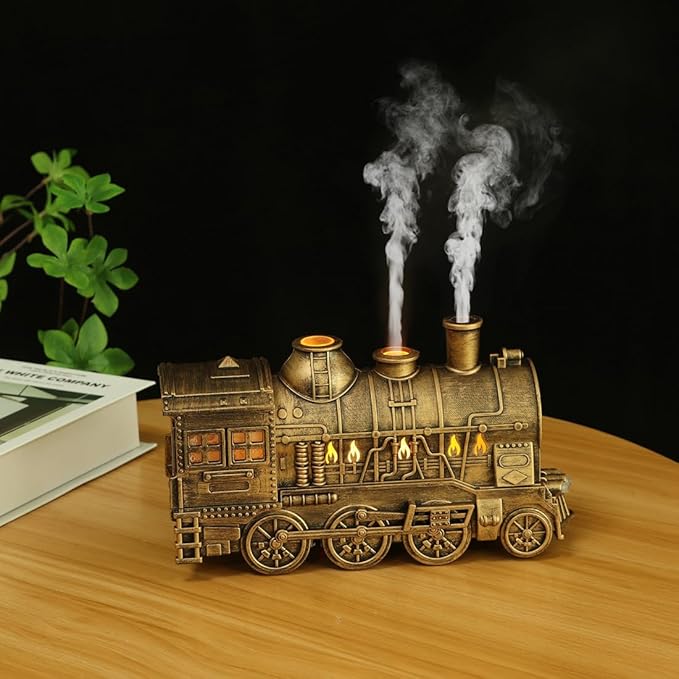 Vintage Steam Train Essential Oil Diffuser 300ml, Retro Train Flame Aromatherapy Humidifier with Dual-Color LED Light, Two Mist Modes, Auto Shut-Off & Quiet Operation, Large Room Diffuser Home Decor