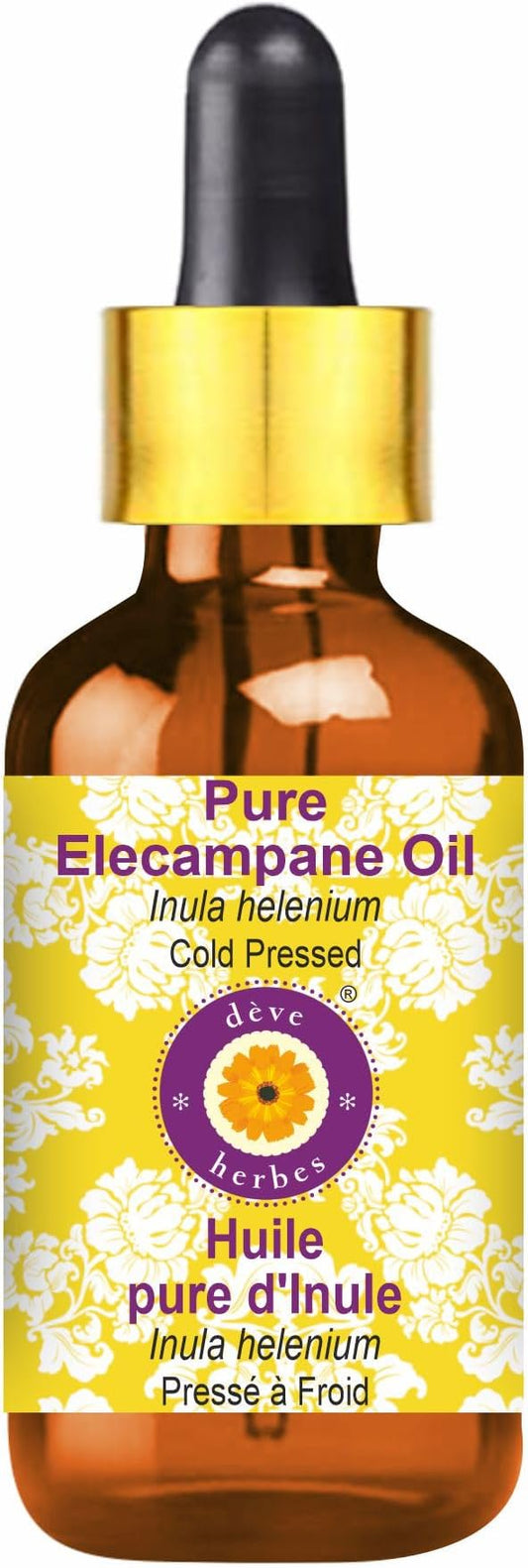 Deve Herbes Elecampane Oil (Inula helenium) with Glass Dropper | Cold Pressed | Pure | Natural | For Diluting Essential oils | For Skin & Massage | Non-Sticky | Lightweight | Unisex | 2ml (0.06 oz)