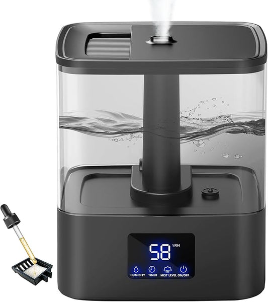 KZF 4L Top Fill Humidifiers for Bedroom & 60H Runtime - Cool Mist Humidifier, 3 Mist Levels, 8H Timer, Essential Oil Tray, Humidity Display, Quiet for Bedroom, Baby, Plants, Large Room (Black, 6L)