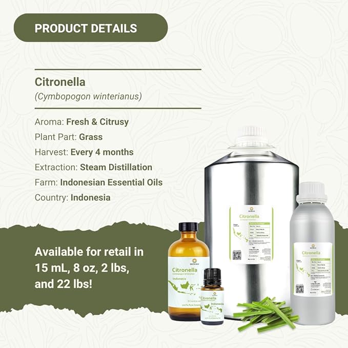 Citronella Essential Oil - Direct from Central Java, Indonesia - Pure Essential Oil for Diffusers and Aromatherapy | 100% Pure Therapeutic Grade (22LBS)
