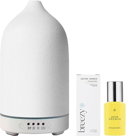 Doctor Aromas Ultrasonic Aromatherapy Essential Oil Lava Stone Diffuser & 1 Scent (1 OZ) 30Ml - Super Quiet, Waterless Auto-Off Function for Fresh Air in Home Office Room (Breezy)