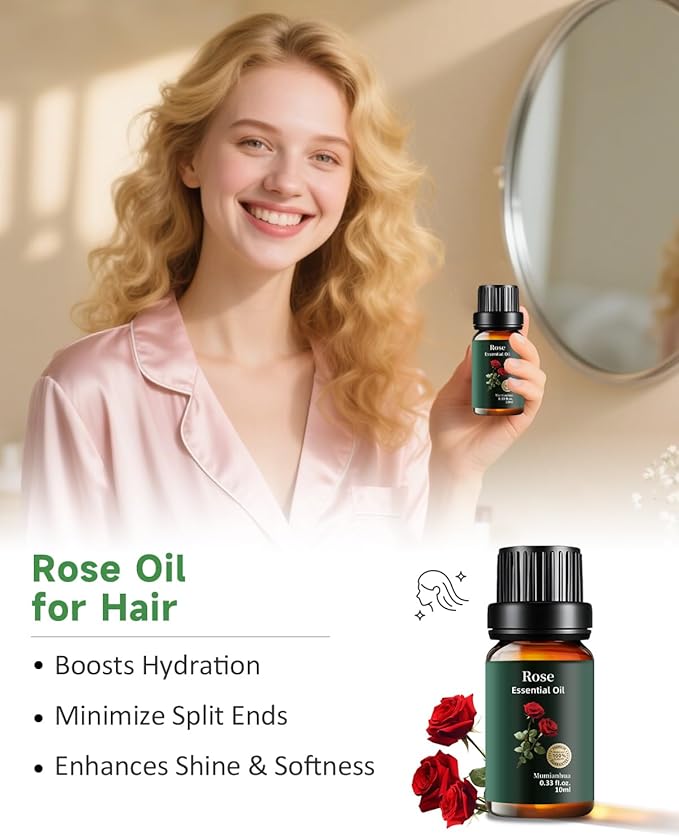Rose Essential Oil, 100% Pure & Natural Aroma Oils for Aromatherapy Diffuser, Skin & Hair Care, Perfume, Soap & Candle Making, 0.33 Fl Oz / 10ml Mumianhua