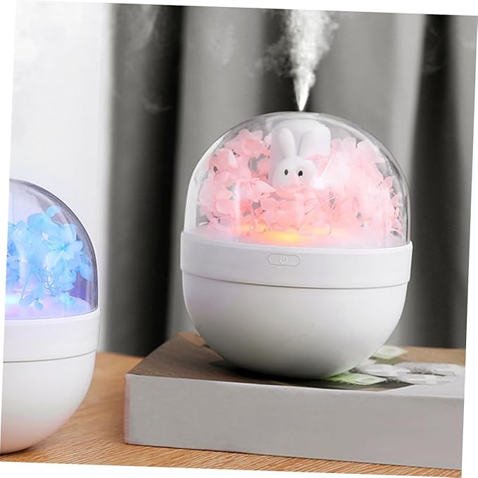 Cute Pink Rabbit Humidifier with Preserved Flower Portable LED Aroma Diffuser Low Noise Mist Maker Night Light for Home and Office Use
