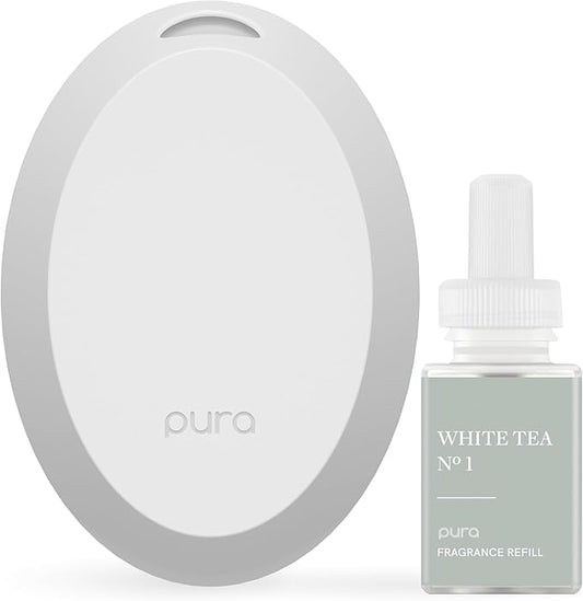 Pura Mini Smart Fragrance Diffuser for Small Spaces Adjustable Smart Home Device with LED Light & Automatic Vial Detection - Includes 1 Scent Refill - White Tea no.1