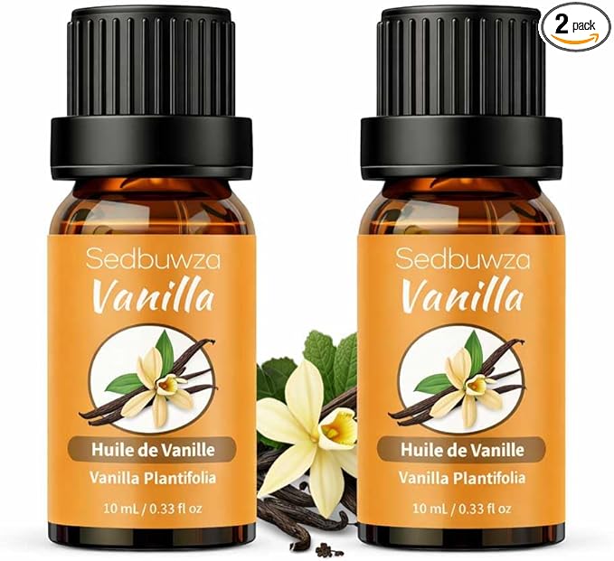 Sedbuwza Vanilla Essential Oil Set, 2 Pack Vanilla Aromatherapy Oils for Massage, Diffuser, Perfume, Soap, Candle Making 2 x 10 ml