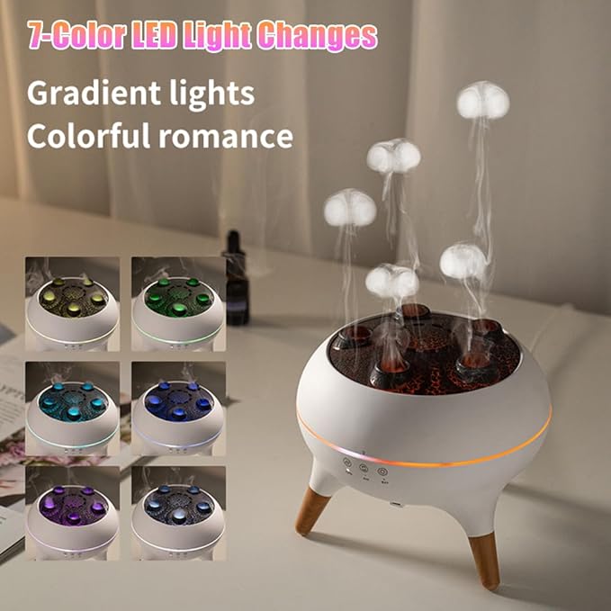 Jellyfish Diffuser Humidifier for Bedroom, White Noise Slient Cool Mist Humidifier for Home Baby, Portable 250ml Simulate a Volcano Essential Oil Diffuser,7 Colors LED,Waterless Auto Shut-Off