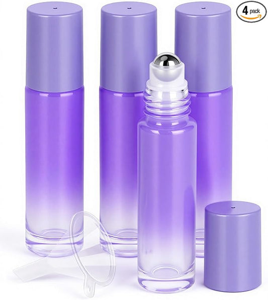 Worldgsb 4 Pack Essential Oil Roller Bottles, 10ml Refillable Glass Roller Bottles with Stainless Steel Roller Balls and Caps for Travel, Perfume and Lip Gloss Purple Gradient