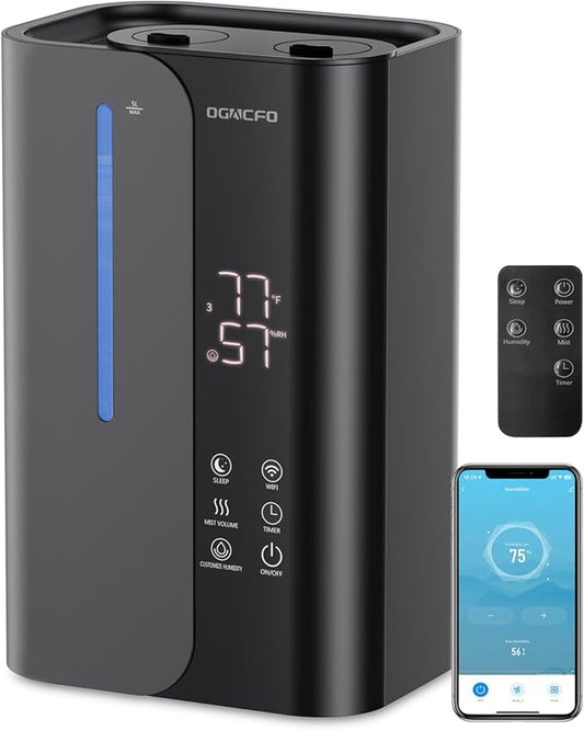 OGACFO 5L Smart Air Humidifiers for Bedroom with Essential Oils, Top Fill 50H Runtime Cool Mist Large Humidifiers for Home Bedroom Nursery, 28 dB Quiet Humidifier for Baby & Plants