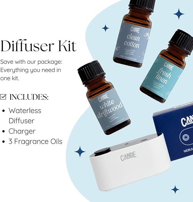 CE CRAFT Waterless Travel Diffuser Gift Set - Rechargeable Diffuser for Aromatherapy - Includes 3 Fragrance Oils - Fragrance Dispenser for Office and Home - Clean, White