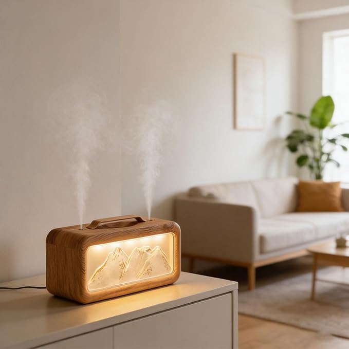 600ml Essential Oil Diffuser, Dual Spray Mountain Aromatherapy Diffuser Cool Mist Humidifier with Light, Essential Oil Scent for Home Bedroom (Dark Wood Grain)