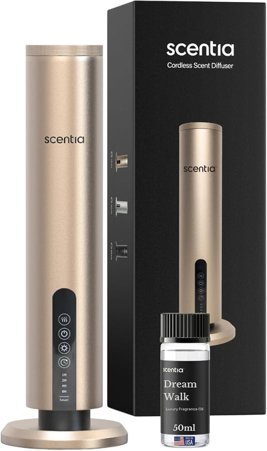 Scentia Wireless Waterless Hotel Scent Diffuser | Includes Premium USA-Made Oil Blend | App Controlled, Cordless | Home, Office, Spa, Aromatherapy | Covers 1500 Sq Ft | 72 Hrs in 1 Charging | Gold