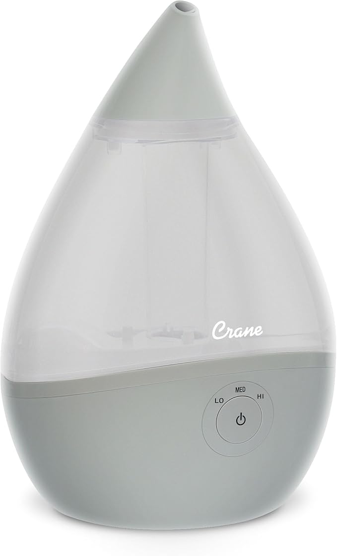 Crane Droplet Ultrasonic Small Air Humidifiers for Bedroom and Office, 0.5 Gallon Cool Mist Humidifier for Plants and Home, Humidifier Filters Optional, Grey