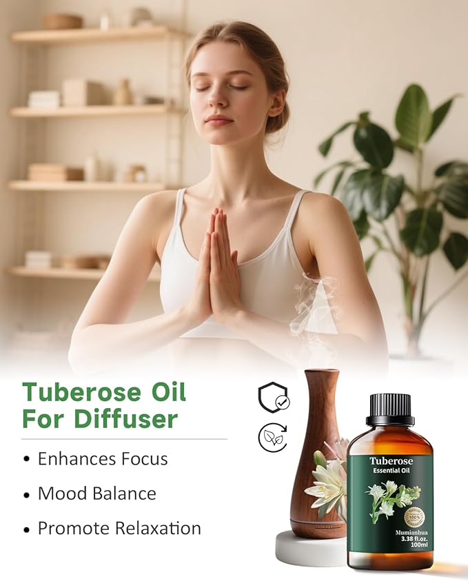 Tuberose Essential Oil, Pure Tuberose Oil Mumianhua Extravagant Perfumer's Essence Floral Oil for Reed Diffuser, Natural Perfume & Skin Elixir, Hair, Candle Making 3.38 Fl Oz