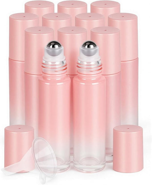 Worldgsb 12 Pack Essential Oil Roller Bottles, 10ml Refillable Glass Roller Bottles with Stainless Steel Roller Balls and Caps for Travel, Perfume and Lip Gloss Pink Gradient