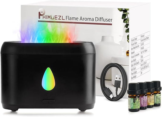 Flame Diffuser for Essential Oils, 200ml Ultrasonic Aroma Diffusers with Cool Mist, Aromatherapy Diffuser with Auto-Off Protection, Small Humidifier for Home,Office,Gift,B(7 Colors)+Oils（Each 5ml）