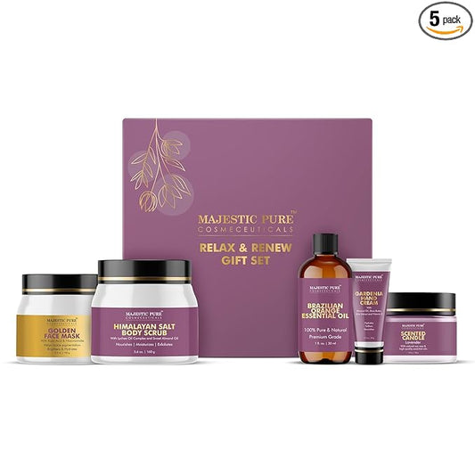 Majestic Pure Christmas Day Gift Set set of 5- (Brazilian Orange oil 1oz, Scented Candle - 50g, Gardenia Hand Cream - 20g, Himalayan Salt Body Scrub - 160g, Gold Face Mask - 100g)
