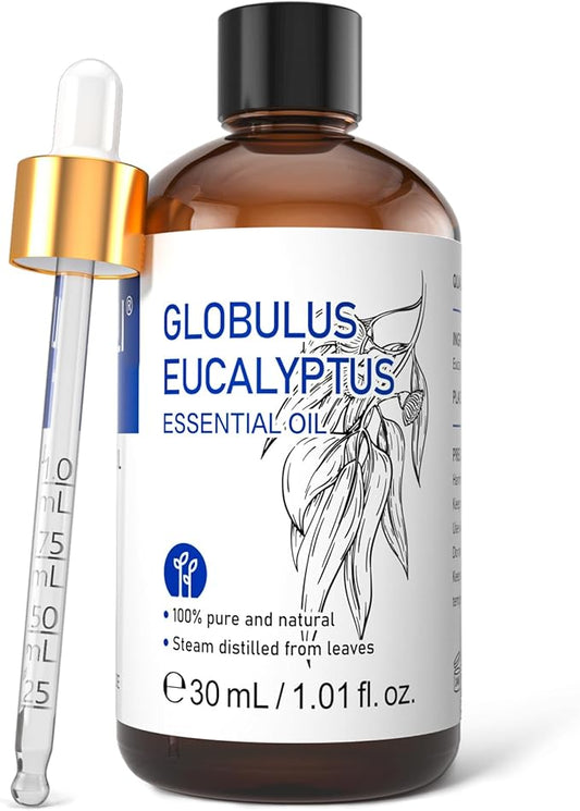 HIQILI Eucalyptus Essential Oil 1 Fl Oz, 100% Pure Natural Therapeutic Grade, Premium Grade Glass Dropper for Diffuser, Humidifier, Air Freshening, Cleaning, Home, Skin