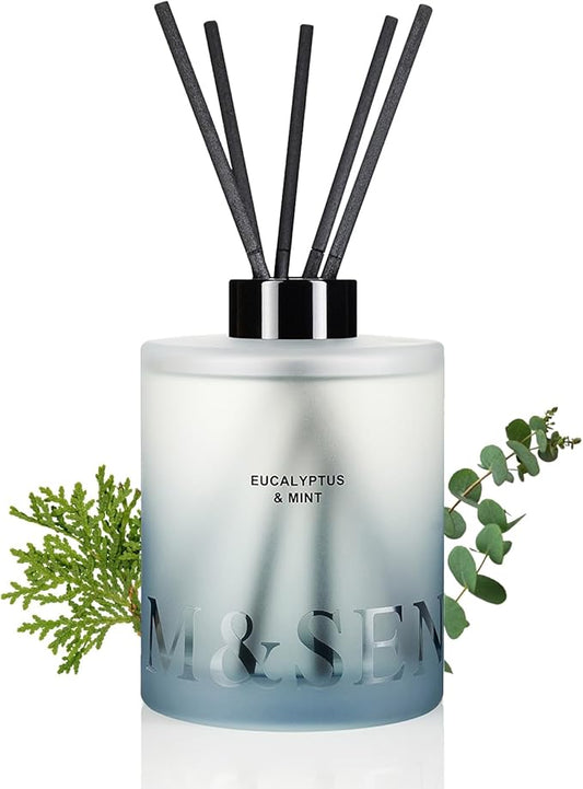 M&SENSE Eucalyptus & Mint Reed Diffuser Set - 16.9 fl oz Long-Lasting Fragrance, Non-Toxic Scent Diffuser with Natural Oil Sticks | Housewarming Diffuser Gift for Holiday, Bathroom & Home Decor