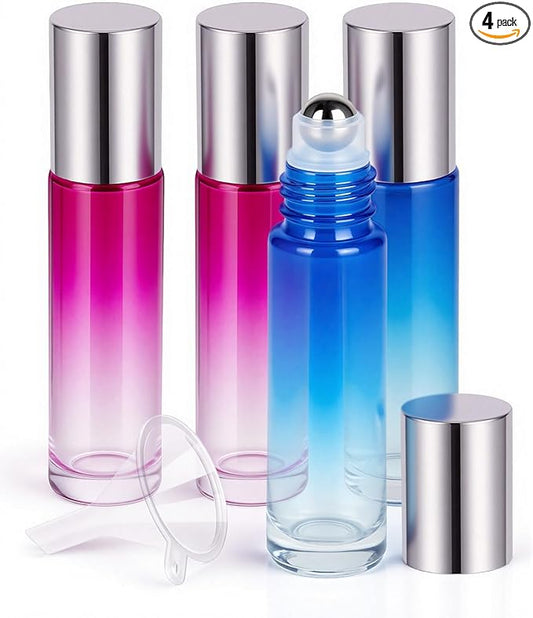 Worldgsb 4 Pack Essential Oil Roller Bottles, 10ml Refillable Glass Roller Bottles with Stainless Steel Roller Balls and Caps for Travel, Perfume and Lip Gloss Blue-Red Gradient
