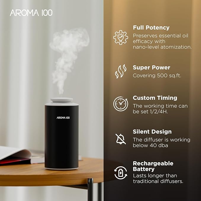 waterless Diffuser，Scent Aroma Fragrance Air Machine, Rechargeable Essential Oil Diffuser,car Diffuser air freshener，500sq.ft Coverage，Aromatherapy Diffuser for Rooms and Hotels (Black)