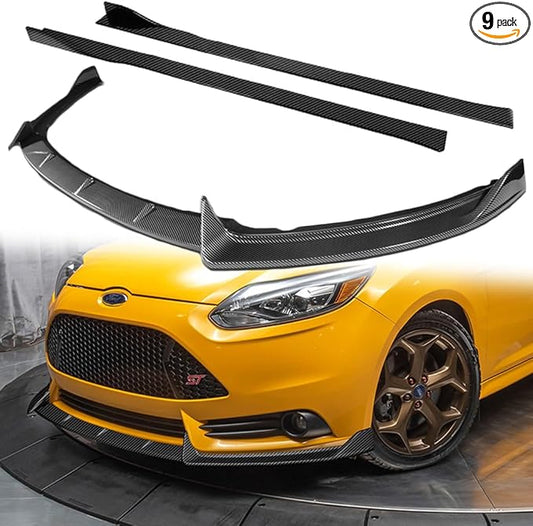 Q1-TECH, 9PCS Front Bumper Lip & Side Skirt Extensions Diffuser Compatible with 2012-2014 Ford Focus ST Hatchback Models, Front Bumper Lip Spoiler Air Chin Body Splitter ABS (Painted Carbon)