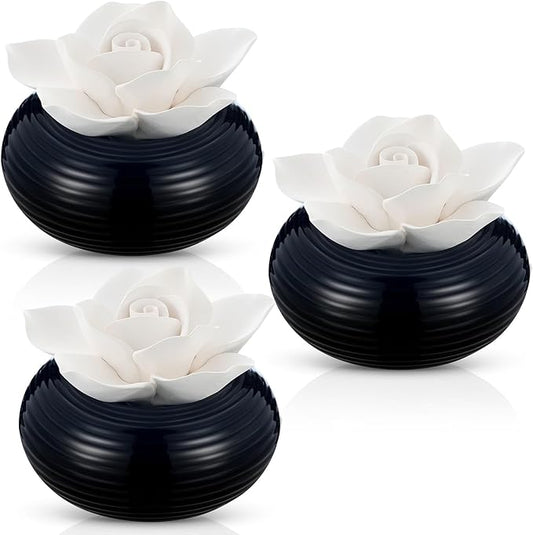 Honeydak 3 Pcs Reedless Ceramic Diffuser Set, Porcelain White Flower Aromatherapy Essential Oil Diffuser for Home Office Bathroom Tabletop Decor, Non-Electric, Valentines Day Gift (Camellia)